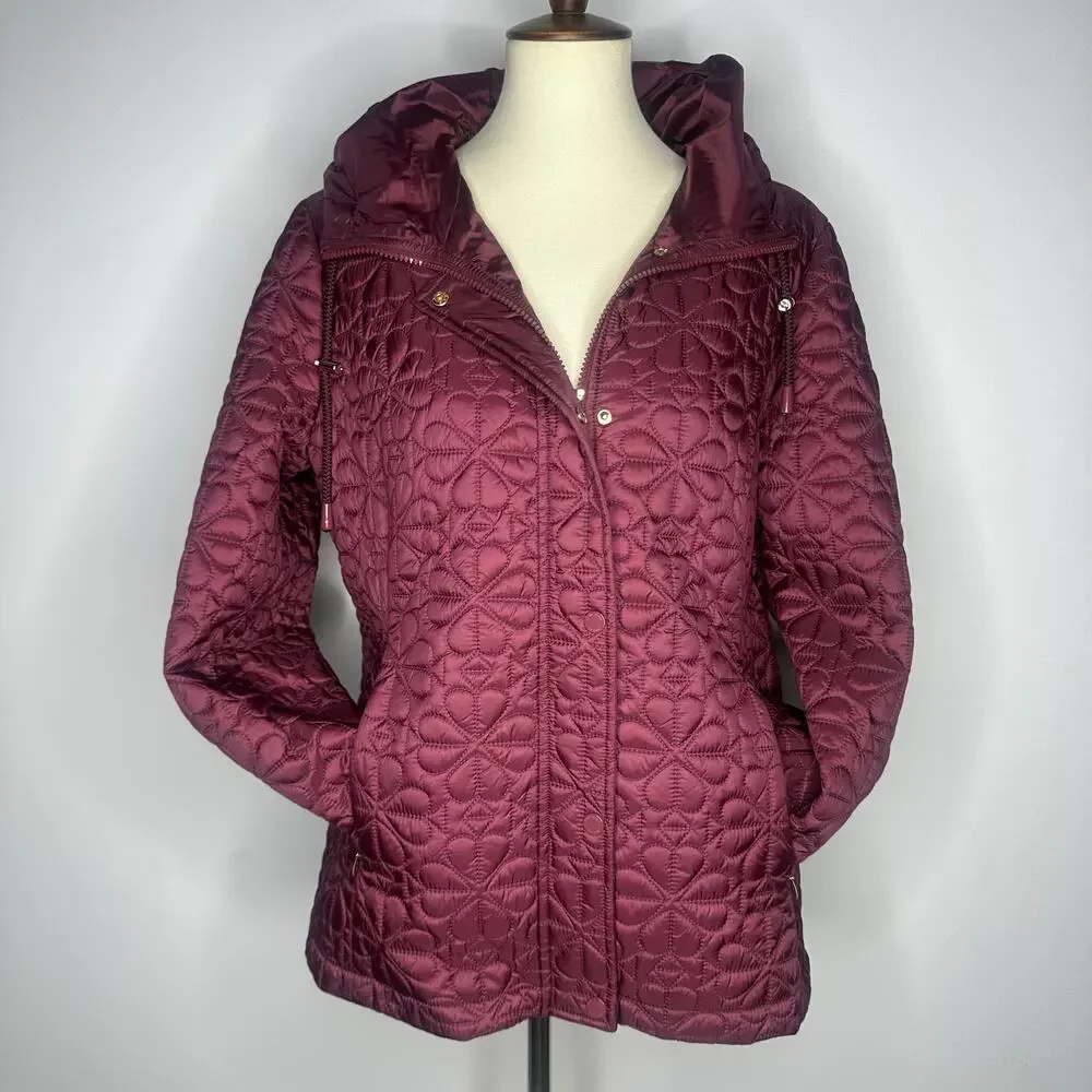 Kate Spade New York Blackberry Spade Flower Quilted Hooded Jacket Large NWT